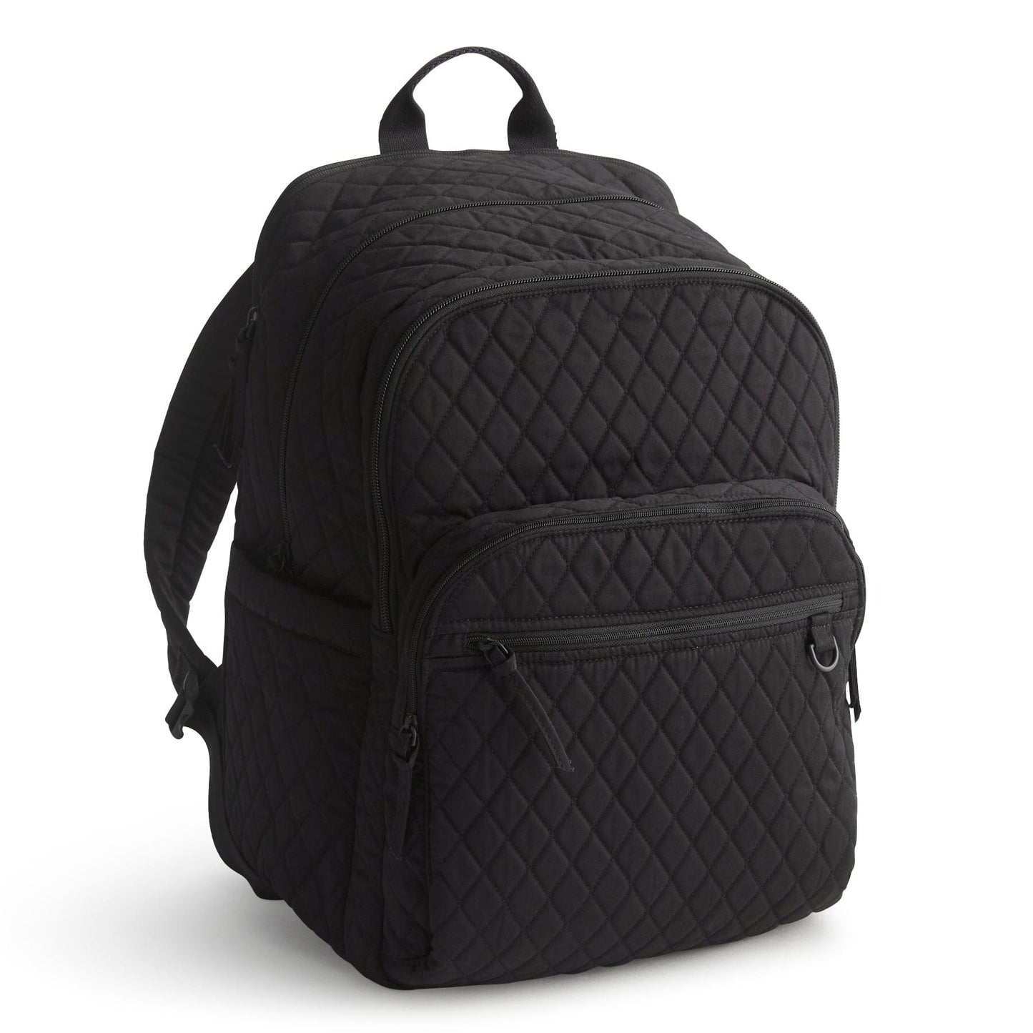 Black quilted backpack on a white background