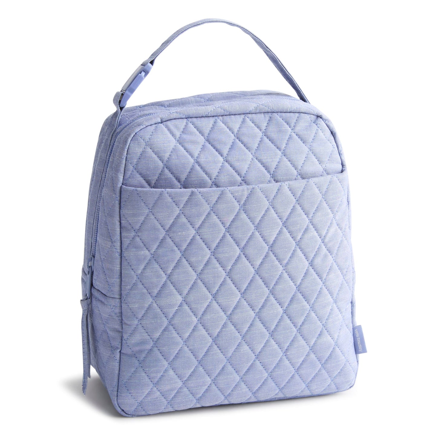 Light blue quilted backpack on a white background
