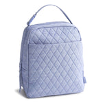 Light blue quilted backpack on a white background