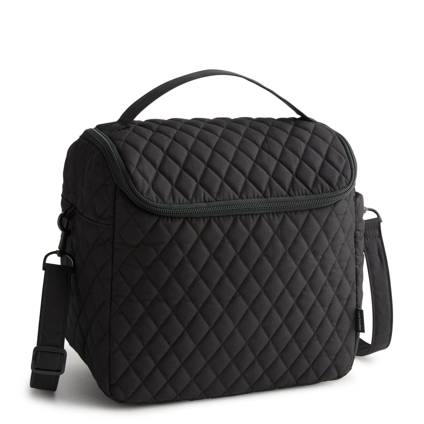 Black quilted cooler bag on a white background