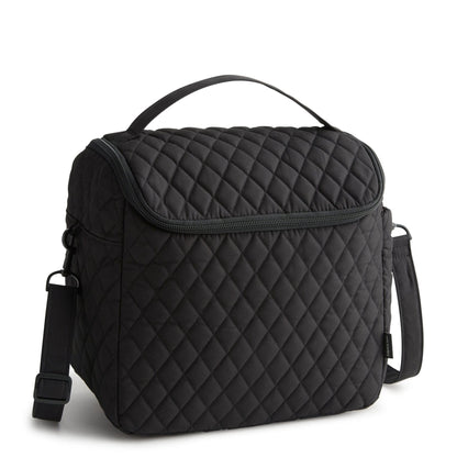 Black quilted cooler bag on a white background