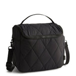 Black quilted bag with a strap on a white background
